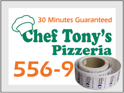 Actual image of our No. 1201 1.5" x 2" pizza food delivery reminder that is supplied on a roll