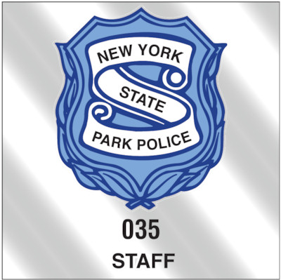 Actual image of our No. 704 square shaped parking permits with dimensions of  3” x 3” printed with a background color in peacock blue and ultra blue and black on white text