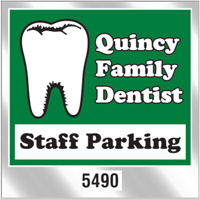 Actual image of our No. 740 square shaped parking permits with dimensions of  3” x 3” printed with a background color in emerald green and black on white text