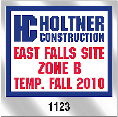 Actual image of our No. 745 square shaped parking permits with dimensions of  3” x 3” printed with a background color in white and ultra blue and fire red text