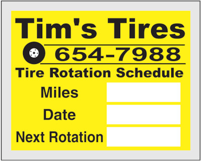 Actual image of our No. 779 2.5" x 2" tire rotate and balance reminder that is supplied individually cut