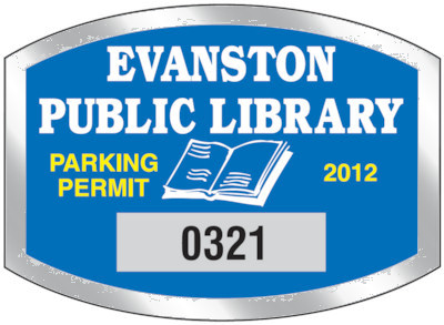Actual image of our No. 8202 dome shaped parking permits with dimensions of  2 3/4” x 2” printed with a background color in light blue and primrose yellow text