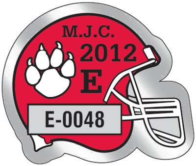 Actual image of our No. 8204 football helmet shaped parking permits with dimensions of  2 3/4” x 1 1/8” printed with a background color in fire red and black text