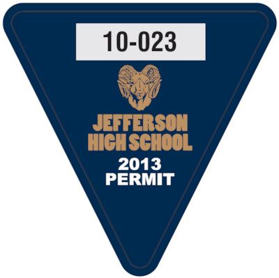Actual image of our No. 8206 triangle shaped parking permits with dimensions of  2 3/4” x 2 3/4” printed with a background color in navy and metallic gold and white text