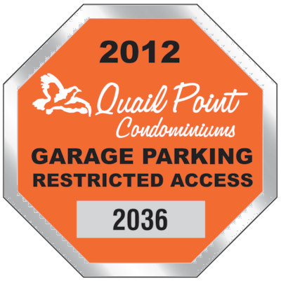 Actual image of our No. 8207 octagon shaped parking permits with dimensions of  2 3/4” x 2 3/4” printed with a background color in pumpkin orange and black and white text
