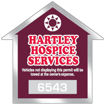 Actual image of our No. 8209 home shaped parking permits with dimensions of  2 3/4” x 2 3/4” printed with a background color in scarlet and fire red and white text