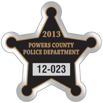 Actual image of our No. 8211 star shaped parking permits with dimensions of  2 3/4” x 2 3/4” printed with a background color in brown and goldenrod text